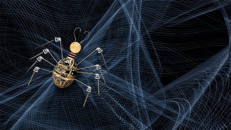 A cybernetic spider crawling on a web of code.