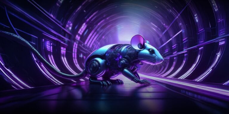 A robot rat representing a remote access trojan (RAT) crawling around in a system undetected.